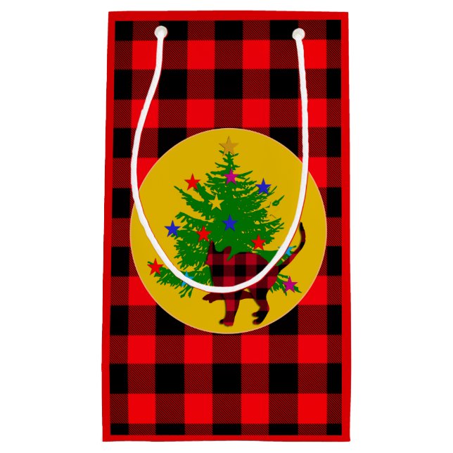 Bolsa De Regalo Pequeña Gato de Navidades Rústicos, trenzado de árbol y bú (Anverso)
