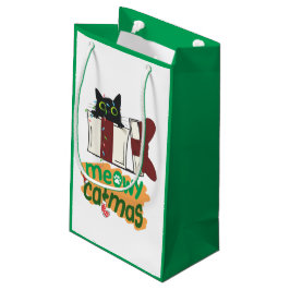 Bolsa De Regalo Pequeña Gato negro de Santa Claus enredado en luces de árb