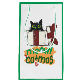 Bolsa De Regalo Pequeña Gato negro de Santa Claus enredado en luces de árb