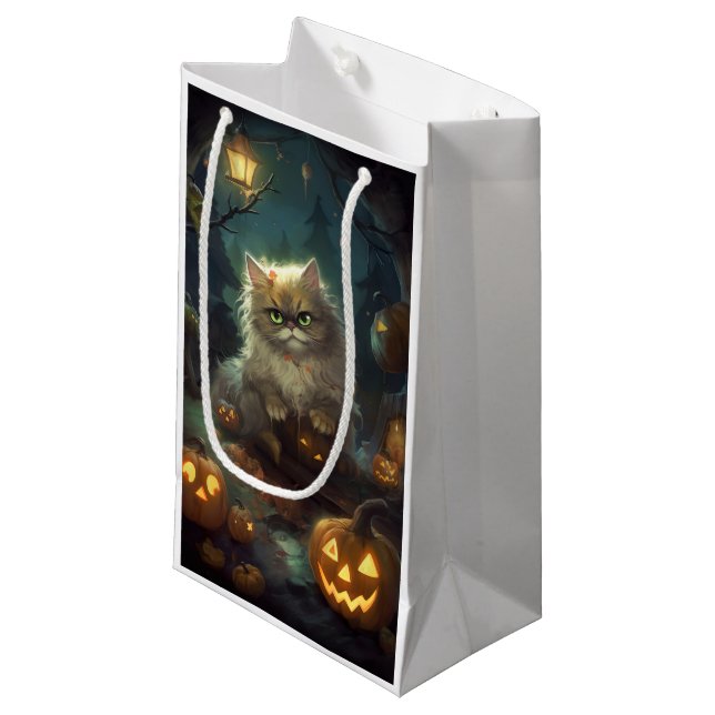 Bolsa De Regalo Pequeña Gato persa de Halloween con calabazas aterradoras (Angulo Anverso)