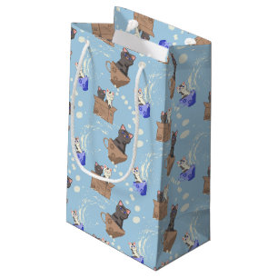 Bolsa De Regalo Pequeña Gatos en caja y gotas de leche en azul