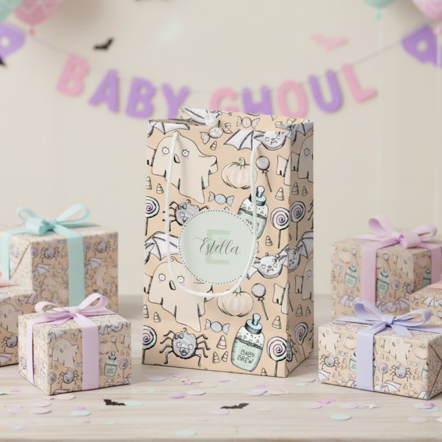 Bolsa De Regalo Pequeña Género Neutral Baby Halloween Calabaza Fantasma (Cute Halloween Gift Bags for Gender Neutral Fall Baby Shower. Spooky Ghosts, Bats & Pumpkin Pattern)