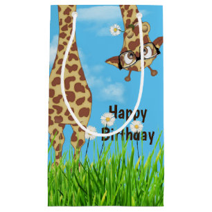 Bolsa De Regalo Pequeña Girafa de cumpleaños con gafas en hierba