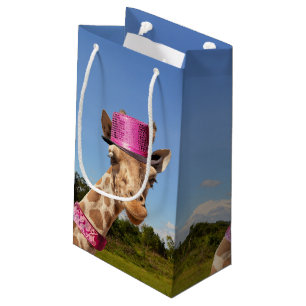 Bolsa De Regalo Pequeña Giraffe en gorra rosa brillante