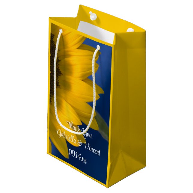 Bolsa De Regalo Pequeña Girasol amarillo en azul Gracias Boda (Angulo Anverso)
