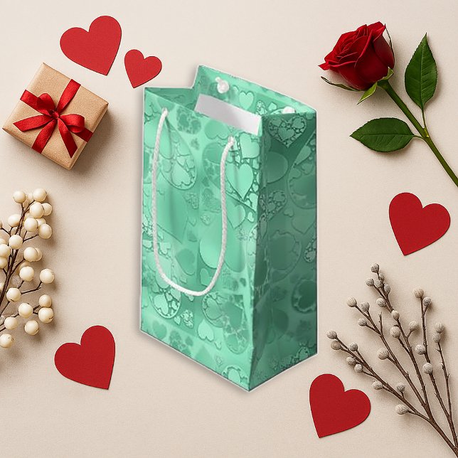 Bolsa De Regalo Pequeña Glossy Green Romantic Hearts Pattern (Subido por el creador)