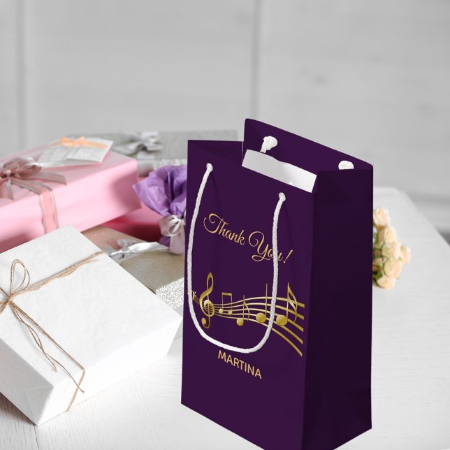 Bolsa De Regalo Pequeña Gracias notas de música dorada sobre fondo morado  (Subido por el creador)