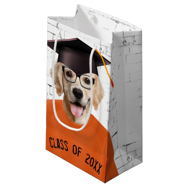 Bolsa De Regalo Pequeña Graduado de Golden Retriever con camiseta Naranja (Angulo Anverso)