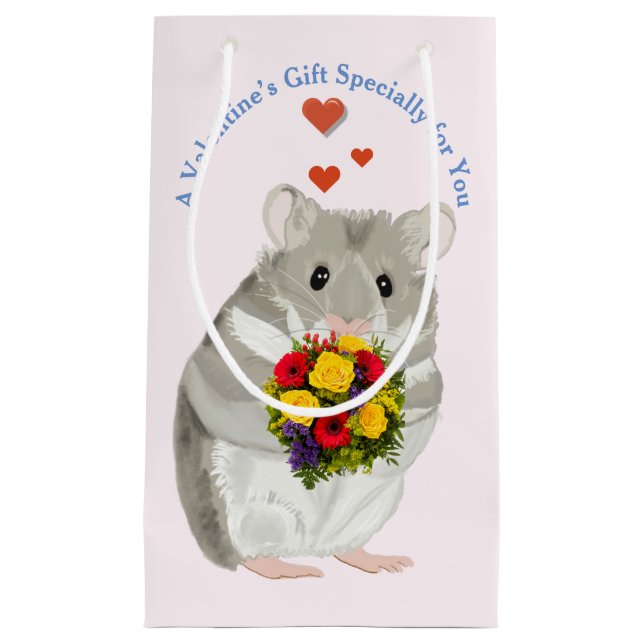 Bolsa De Regalo Pequeña Gray Hamster con un ramo editable de San Valentín (Anverso)