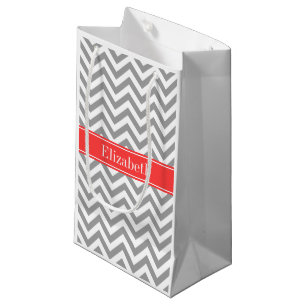 Bolsa De Regalo Pequeña Gris oscuro Lg Chevron Coral Nombre Rojo Monograma
