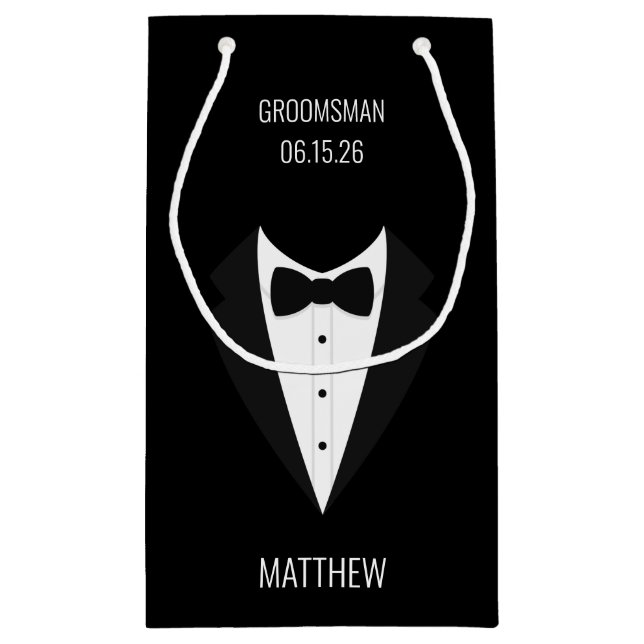 Bolsa De Regalo Pequeña Groomsmen Boda de Tuxedo negro personalizado (Reverso)