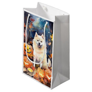 Bolsa De Regalo Pequeña Halloween American Akita con calabazas aterradoras