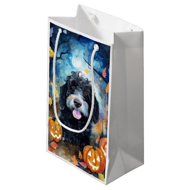 Bolsa De Regalo Pequeña Halloween Bernedoodle Con Calabazas Asustadas (Angulo Anverso)