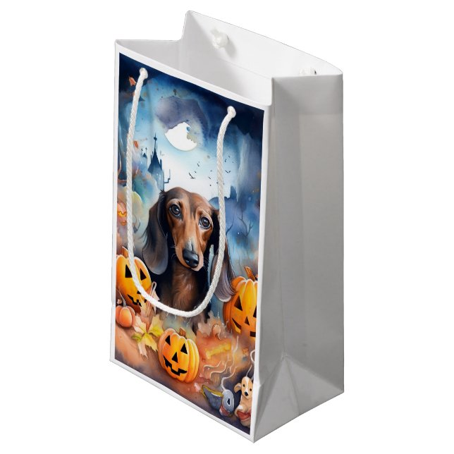 Bolsa De Regalo Pequeña Halloween de Dachshund con calabazas aterradoras (Angulo Anverso)