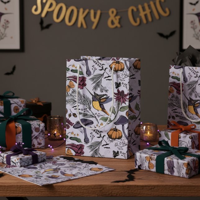 Bolsa De Regalo Pequeña Halloween Floral Hummingbird Garden (Spooky & Chic Hummingbird Halloween Floral Gift Bag in Purple for Fall Party, Halloween Birthday. )