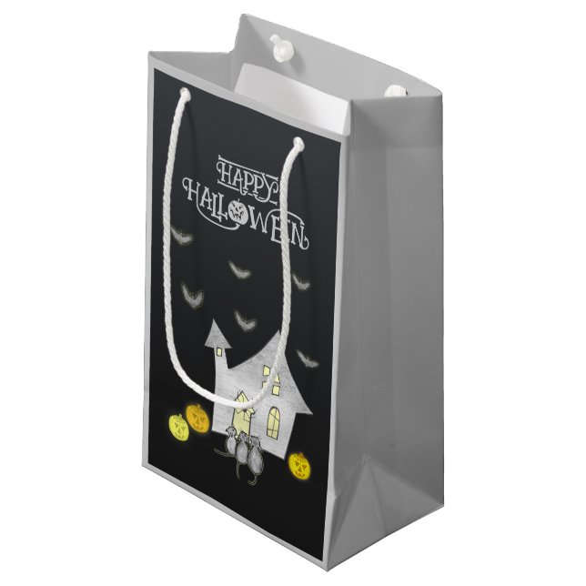 Bolsa De Regalo Pequeña Halloween House, gatos negros, murciélagos, calaba (Angulo Anverso)