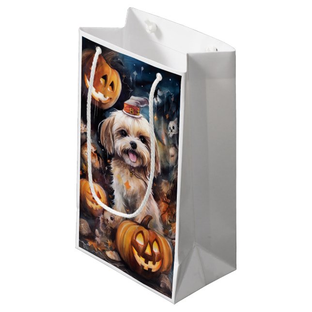 Bolsa De Regalo Pequeña Halloween Lhasa Apso Con Calabazas Temerosas (Angulo Anverso)