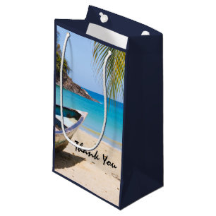 Bolsa De Regalo Pequeña Hermosa playa tropical con bote de remos Gracias