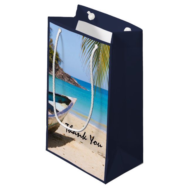 Bolsa De Regalo Pequeña Hermosa playa tropical con bote de remos Gracias (Angulo Anverso)