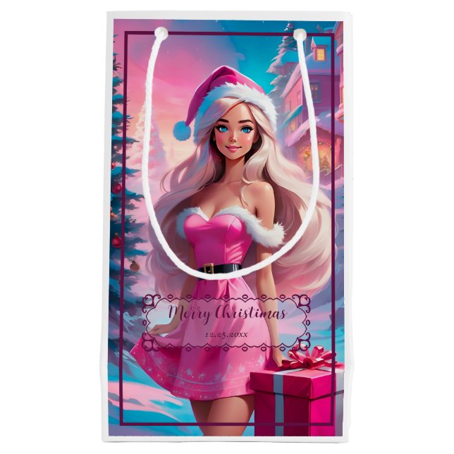 Bolsa De Regalo Pequeña Hermoso Chica de Navidades rosados 01 (Anverso)