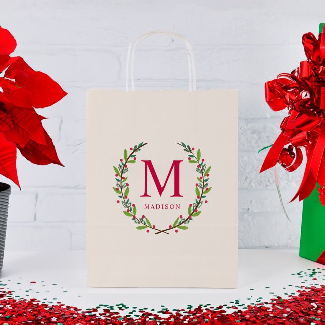 Bolsa De Regalo Pequeña Hermoso Monograma Personalizado Wreath Navidades (Subido por el creador)