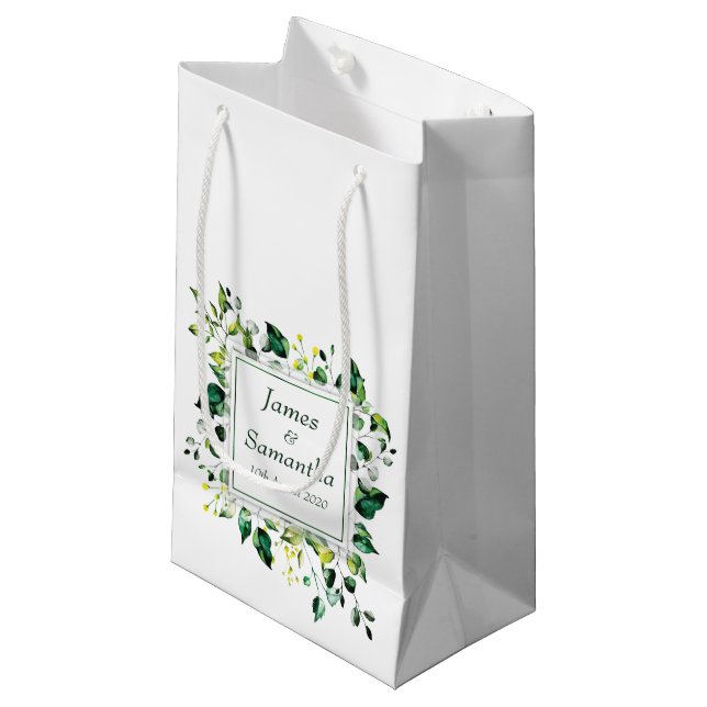 Bolsa De Regalo Pequeña Hoja verde acuarela y flor amarilla | BODA (Angulo Anverso)
