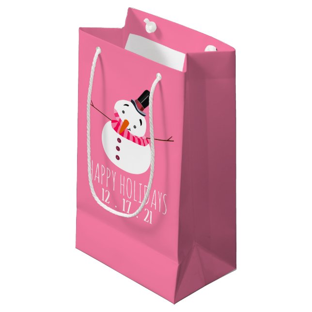 Bolsa De Regalo Pequeña Hombre de nieve rosa, vacaciones felices (Angulo Anverso)