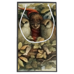 Bolsa De Regalo Pequeña Ilustración de la naturaleza de búhos y hadas elfa