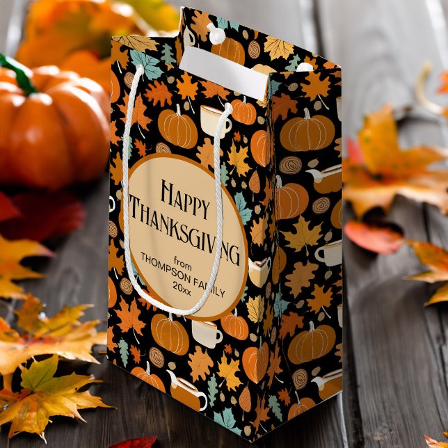 Bolsa De Regalo Pequeña Las calabazas estilo retro de Acción de Gracias de (Thanksgiving retro style pumpkins leaves favor small gift bag fall gift bag cute favor bag)