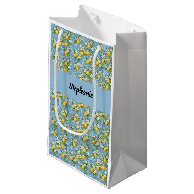Bolsa De Regalo Pequeña Lemon Citrus Blue Tile Pattern Monogram Name (Angulo Anverso)