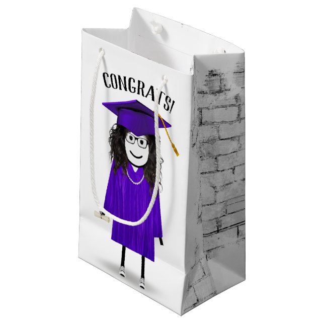 Bolsa De Regalo Pequeña Licenciada en Palo con Gorra Púrpura y Diploma (Angulo Anverso)