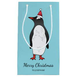 Bolsa De Regalo Pequeña Lindo pingüino Gentoo con sombrero de Santa en azu