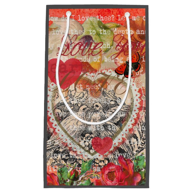 Bolsa De Regalo Pequeña Love Birds Heart Red Art Collage (Anverso)