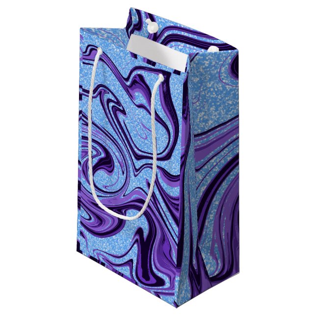 Bolsa De Regalo Pequeña Marble Swirls Morple Black con Blue Faux Purpurina (Angulo Anverso)