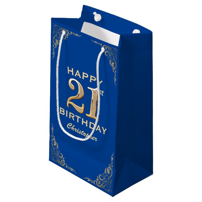 Bolsa De Regalo Pequeña Marco Purpurina azul y dorado Fiesta de cumpleaños (Angulo Anverso)