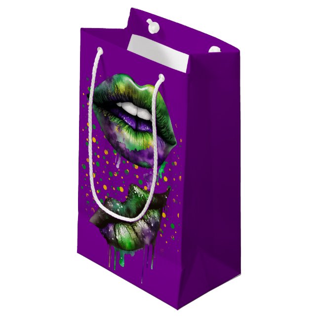 BOLSA DE REGALO PEQUEÑA MARDI GRAS LIPS EN PURPLE GOLD GREEN (Angulo Anverso)