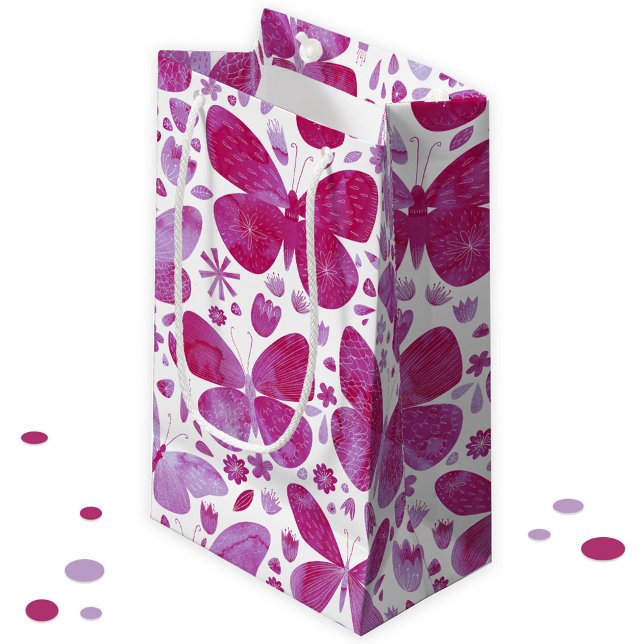 Bolsa De Regalo Pequeña Mariposas Acuarela Magenta Rosa (Pink watercolor butterfly pattern gift bag)