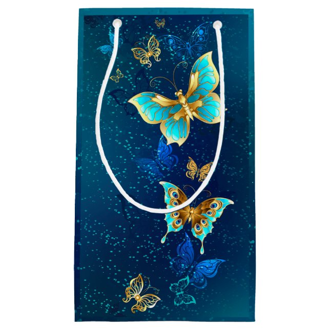 Bolsa De Regalo Pequeña Mariposas doradas sobre fondo azul (Anverso)