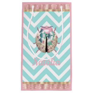 Bolsa De Regalo Pequeña Mariquita Chevron Rosa Azul Floral Bonita