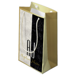 Bolsa De Regalo Pequeña Mármol moderno en blanco y negro, monograma dorado