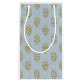 Bolsa De Regalo Pequeña Medallón Ikat Purpurinoso - Azul cielo y oro