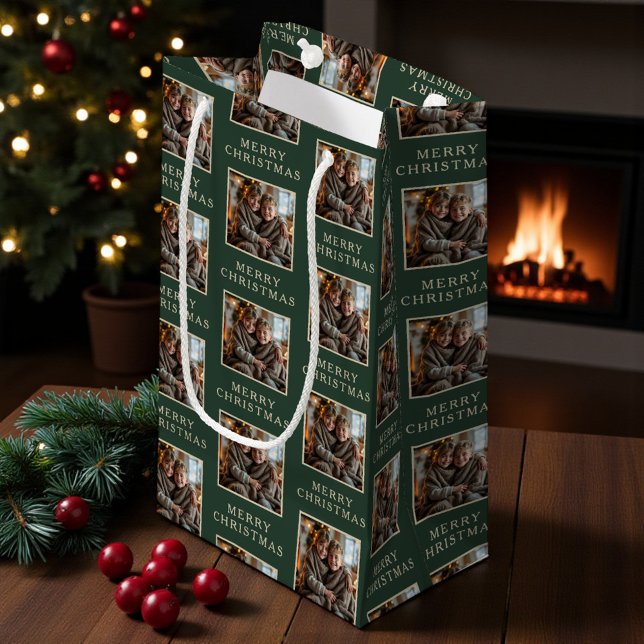 Bolsa De Regalo Pequeña Merry Christmas Green Photo Holiday (Subido por el creador)