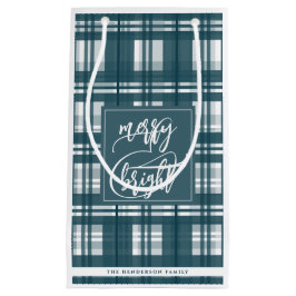 Bolsa De Regalo Pequeña Merry y Bright | Nombre de familia | Placas verdes