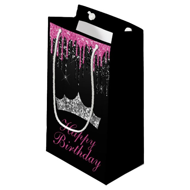 Bolsa De Regalo Pequeña Moda Purpurina de goteo negro rosado Tiara Cumplea (Angulo Anverso)