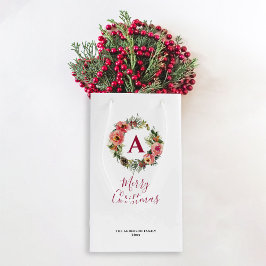 Bolsa De Regalo Pequeña Monogram Red Botanical Pink Wreath Christmas