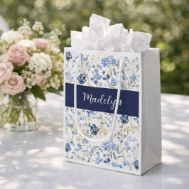 Bolsa De Regalo Pequeña Monograma acuarela de flor silvestre azul