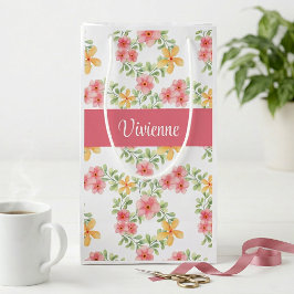 Bolsa De Regalo Pequeña Monograma acuarela de flor silvestre naranja rosa 