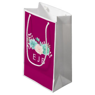 Bolsa De Regalo Pequeña Monograma de Bouquet Pastel de Floral Rosa y Verde