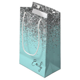 Bolsa De Regalo Pequeña Monograma de brillo plateado azul acuático femenin