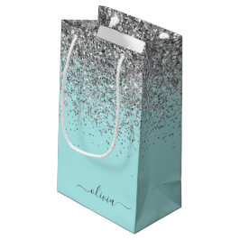 Bolsa De Regalo Pequeña Monograma de brillo plateado y azul teal